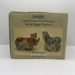 Vintage Sakura Oneida Jungle Salt & Pepper Shakers Set & Box Leopard & Zebra MCM